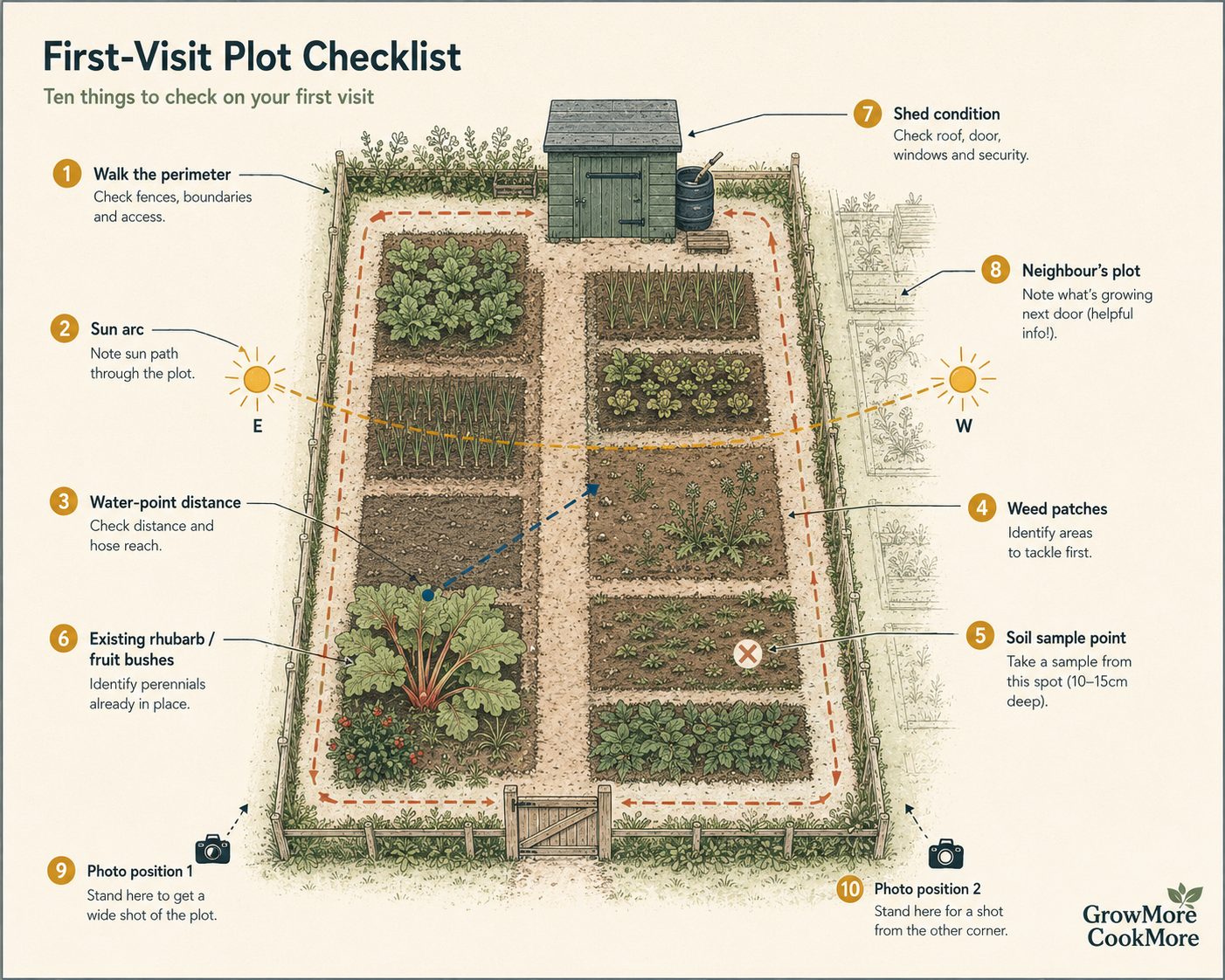 First-visit plot checklist — overhead plot with ten numbered things to check