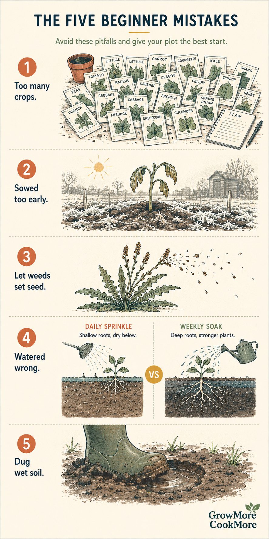 Five beginner mistakes illustrated as a vertical strip