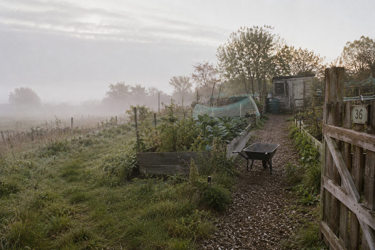 Misty allotment gate at sunrise, wheelbarrow on path