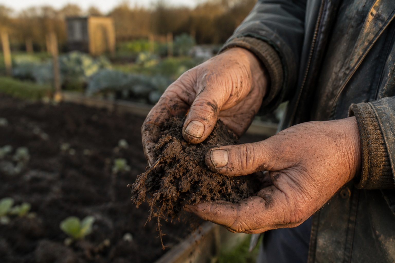 Weathered hands holding a damp ball of soil with a thumbprint indent