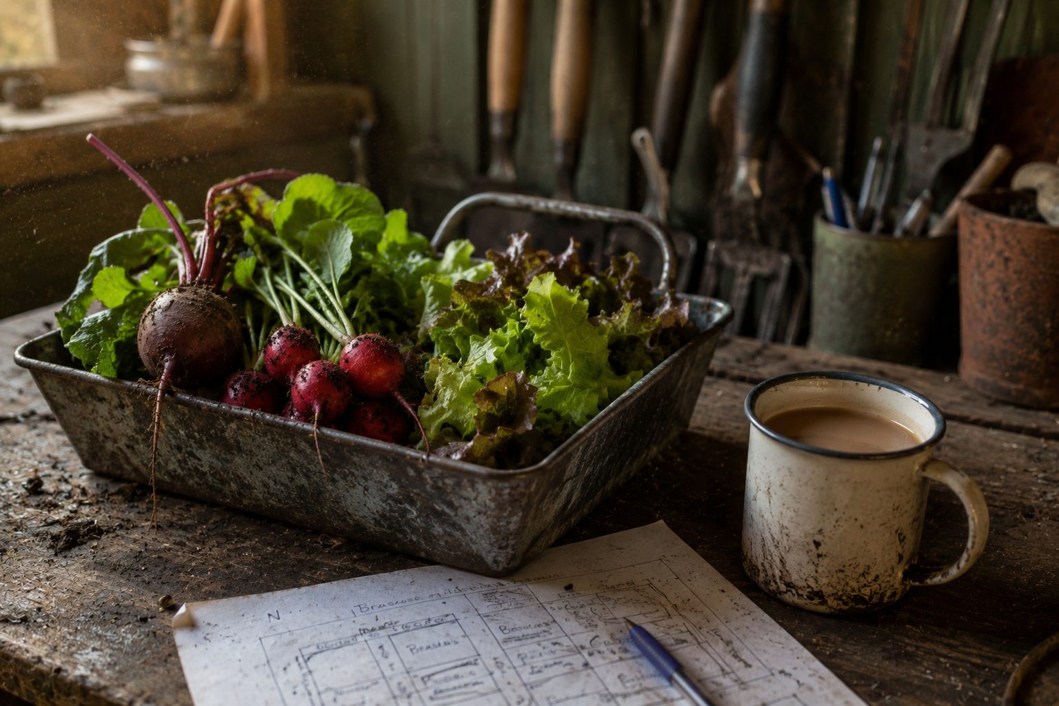 Tin trug on a workbench inside the shed with the first harvest of year one